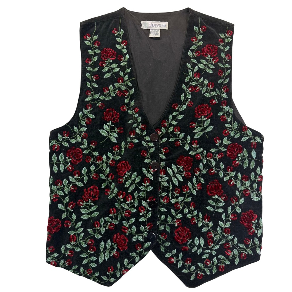 Chrysantheme Black Velvet Floral Embroidered Vest Red Rose Vtg 90s L Whimsigoth